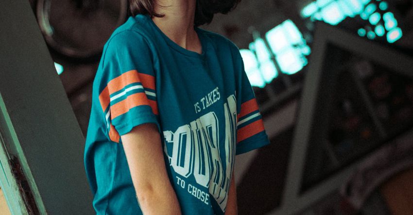 Short Hair - Woman Wearing Blue Crew-neck T-shirt