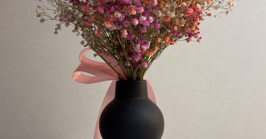 Romantic Updo - A black vase with flowers in it on a table